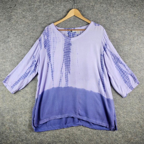 la cera Tops - La‎ Cera High-Low Top Womens Medium Purple Tie Dye 3/4 Sleeve Rayon Boho Dip Dye
